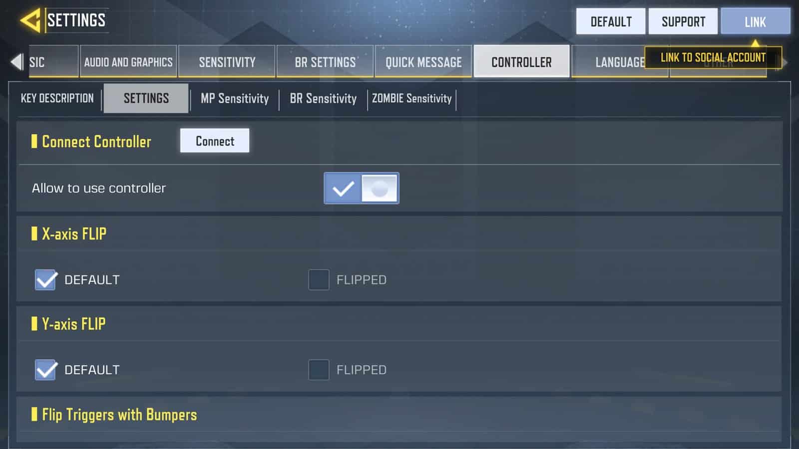 The Call of Duty Mobile settings screen, showing the box "Allow to use controller" checked within the "Connect Controller" menu