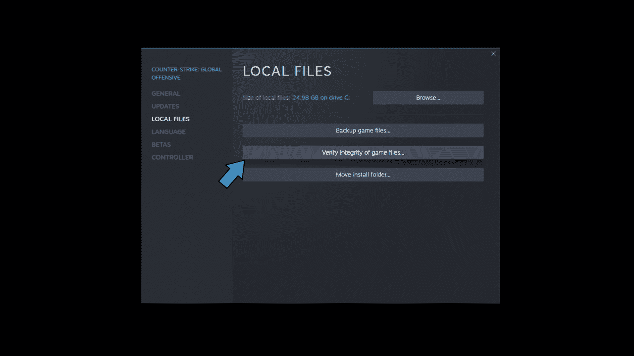 A screenshot of the CS:GO menu accessible through the Steam Library showing the button to verify the integrity of the game files