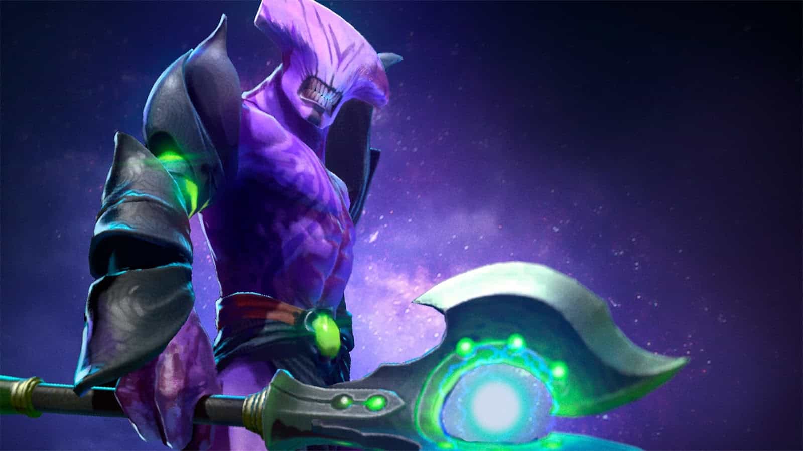 The hero, Faceless Void grips his mace menacingly against a backdrop of purple constellations