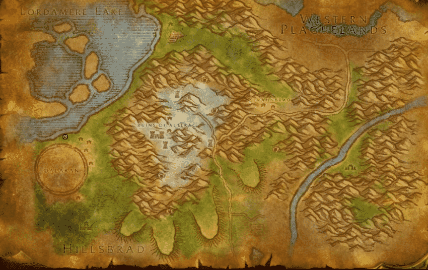 A basic map of the Western Plaguelands, Lordamere Lake, Hillsbrad, and other smaller locations in World of Warcraft.