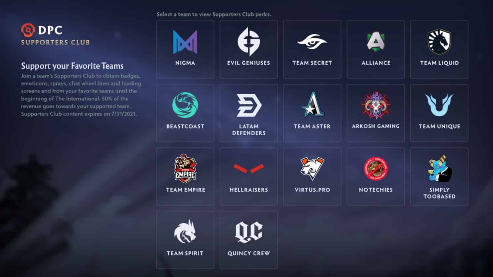 A variety of Dota 2 DPC team logos are arranged together for the Supporter's Club options.