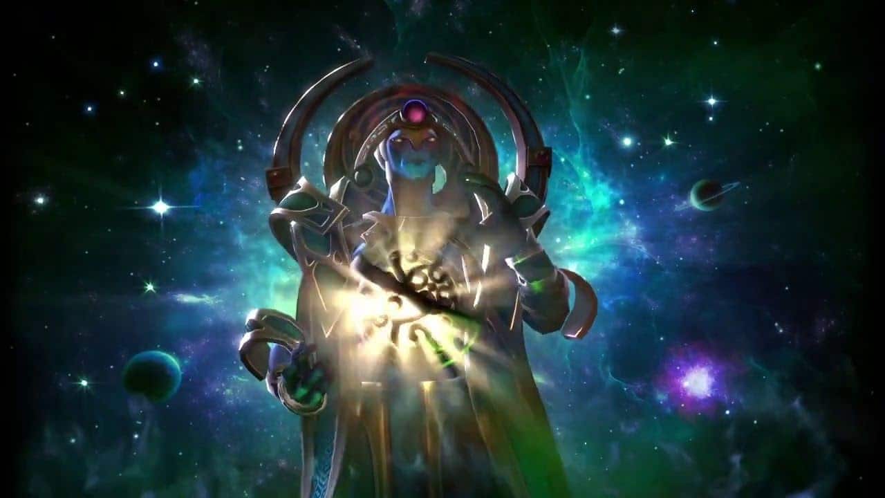 The hero Oracle. A blue-skinned alien with a powerful, glowing arcane sphere, garbedin green and golden robes, as they first appeared in the Forseer's Contract update.