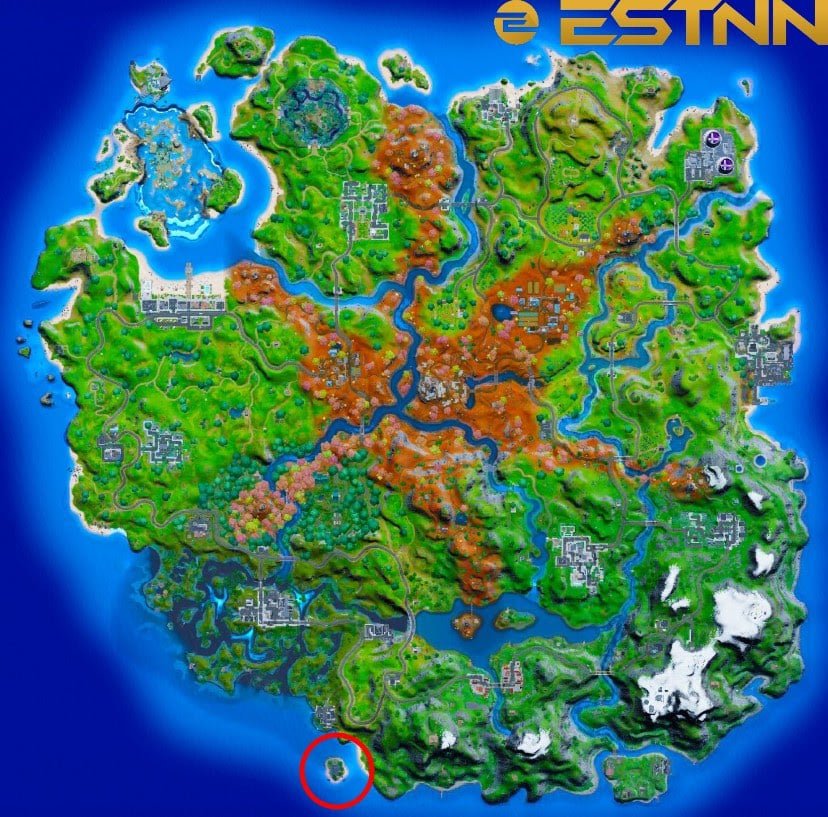 An image of the Fortnite map with the Island off of the coast where the NPC Orelia can be found marked.