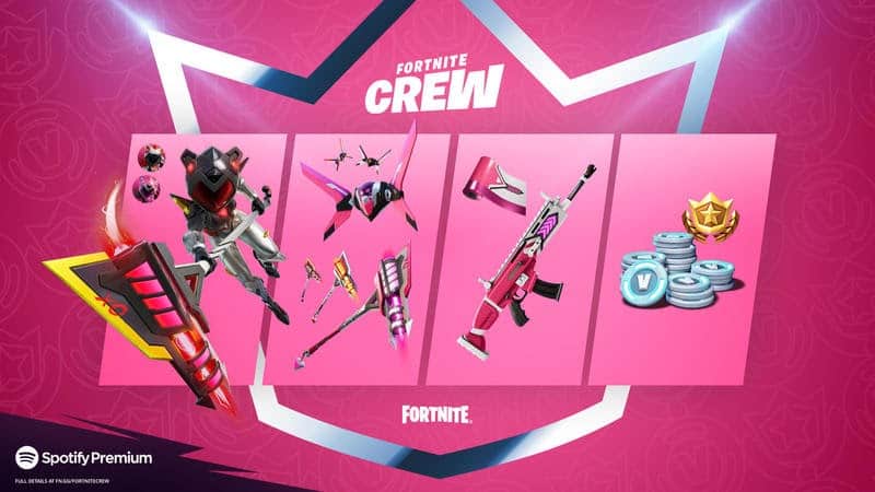 The perks available with June's Crew pack, Mecha Cuddle Master base cosmetic with a back bling, pickaxe and wrap