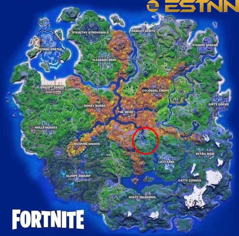 An image of the Fortnite mapping show the location where player's can find the six shooter NPC nearby the Lazy Lake area