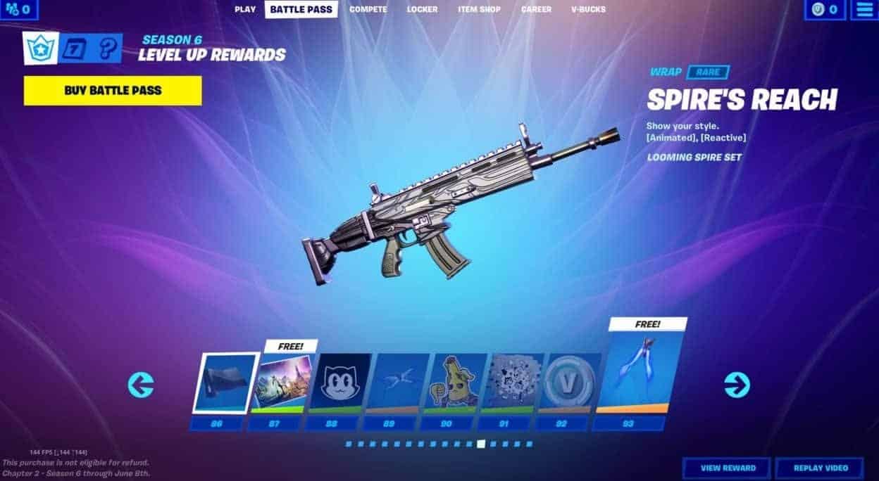 The Spire's Reach weapon appears on the Fortnite load out screen showing the Toona Trouble comic style banner spray below in the Battlepass reward scroll