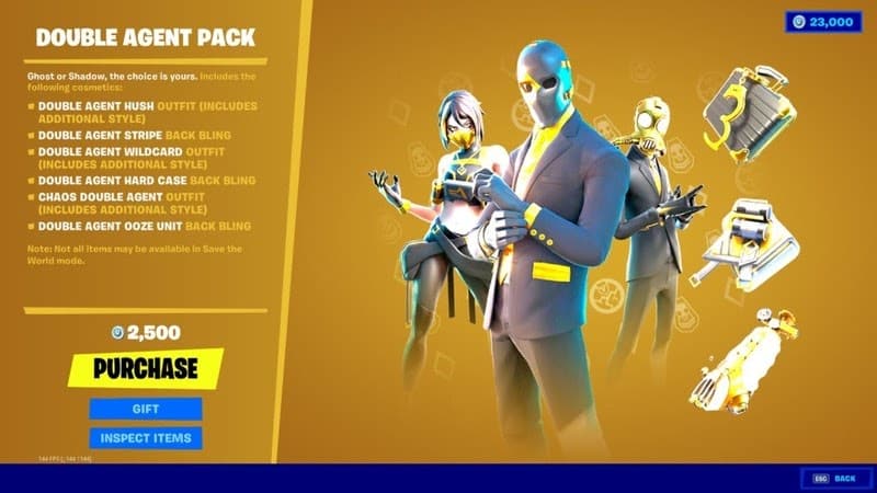 The Fortnite Double Agent Pack appears in the Fortnite store with a description of the set and a purchase button.