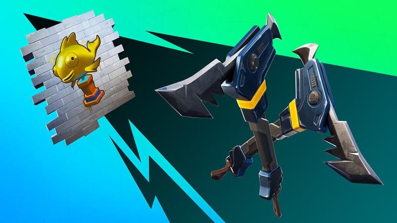 A Piranha Pickaxe and Golden Flopper Spray appear on a blue and black background. 