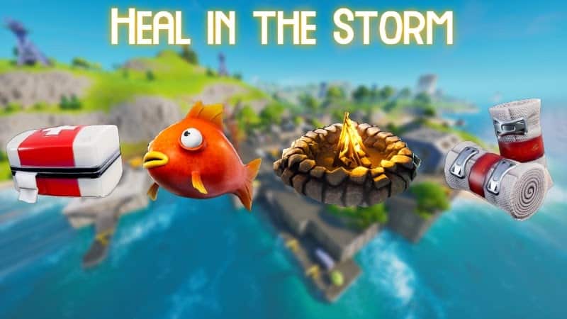 Various Fortnite Chapter 2 Season 6 healing items appear in a line in front of a beach location with the words "heal in the storm" above.