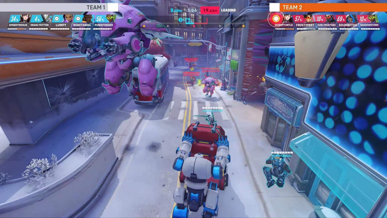 An in-game screenshot of two teams playing the Push game mode in Overwatch 2.