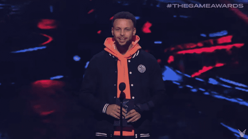 Stephen Curry wearing a TSM jacket during The Game Awards 2019