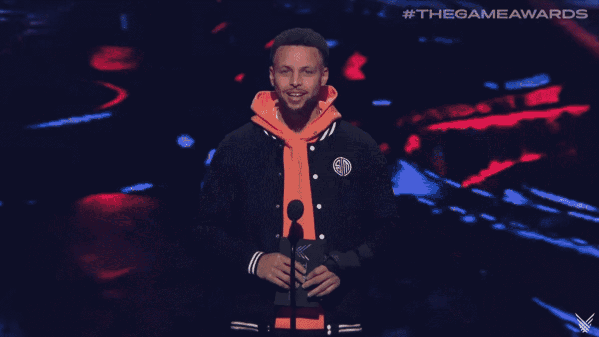 Stephen Curry wearing a TSM jacket during The Game Awards 2019
