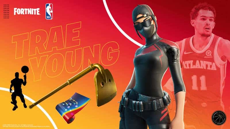 NBA player Trae Young is faded in the background with his crossover Fortnite skin, pickaxe, emote and wrap featured.