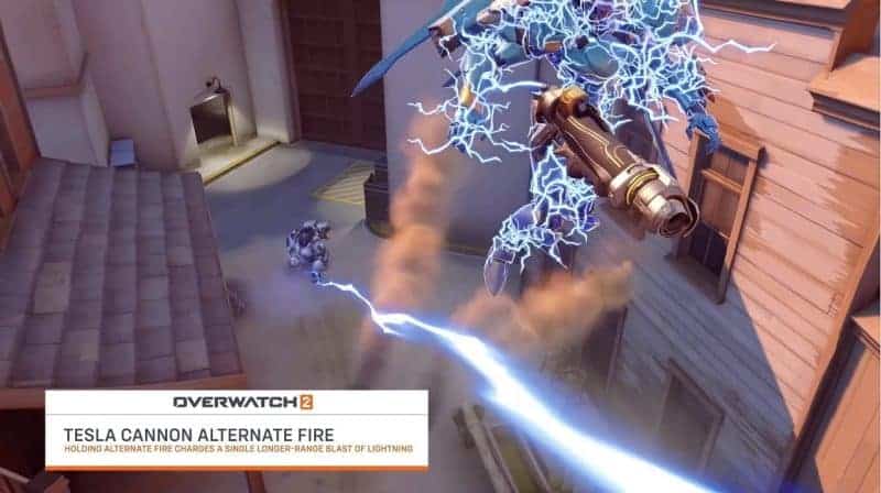 An in-game screenshot of Winston using his Tesla Cannon in Overwatch 2 with an explanation of his weapon changes in a small text box.