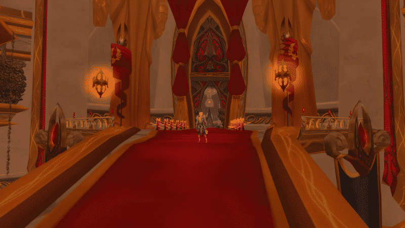 A Blood Elf leaves the capital city of Silvermoon, a massive palace with red velvet carpets and golden pillars