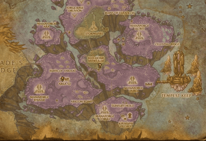 A map of Netherstorm with a yellow question mark showing the location of the NPC Hahruj inside the Eco-Drome Midrealm