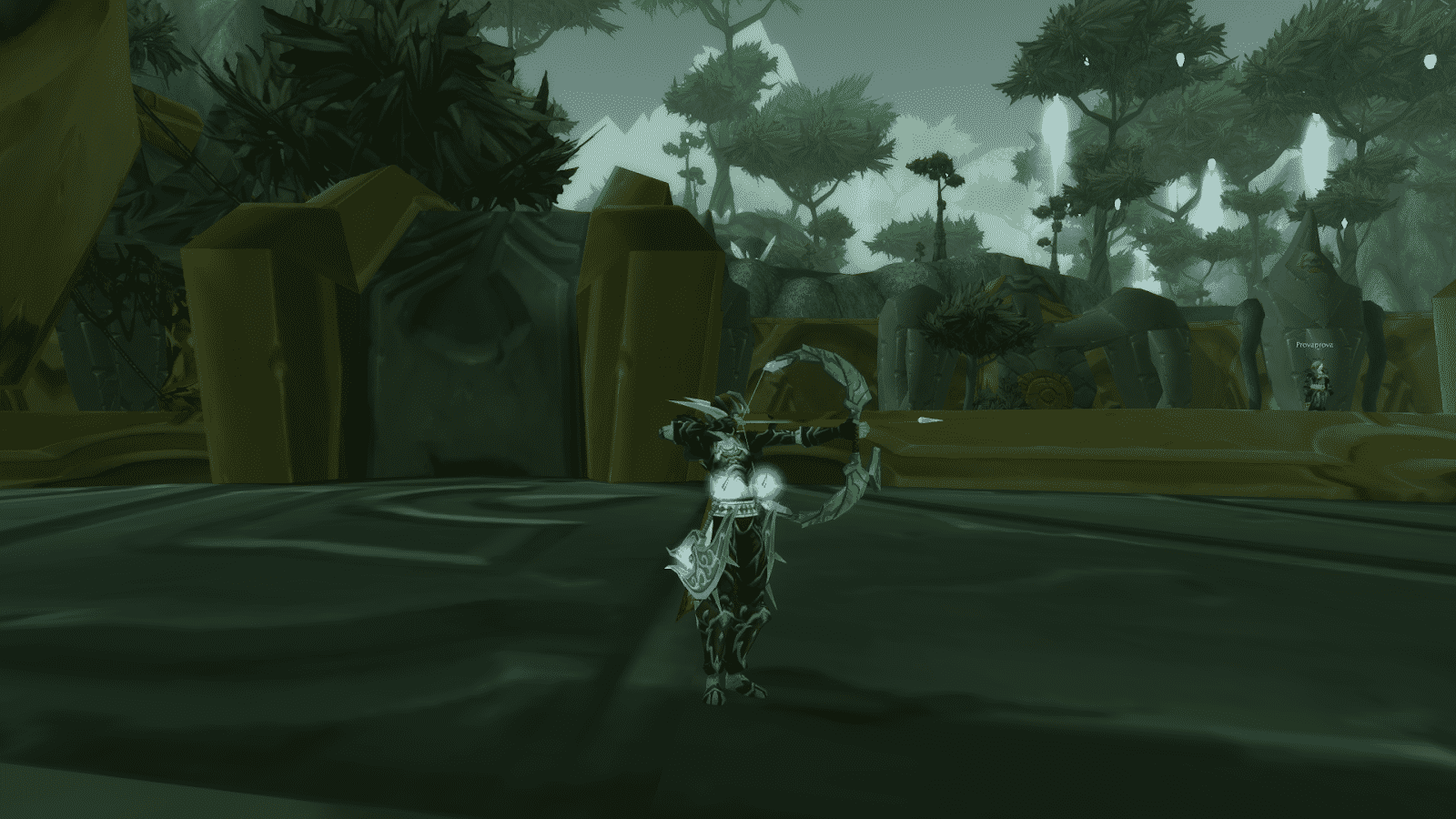 An in-game screen of a Night Elf Hunter with their bow aimed at the ready