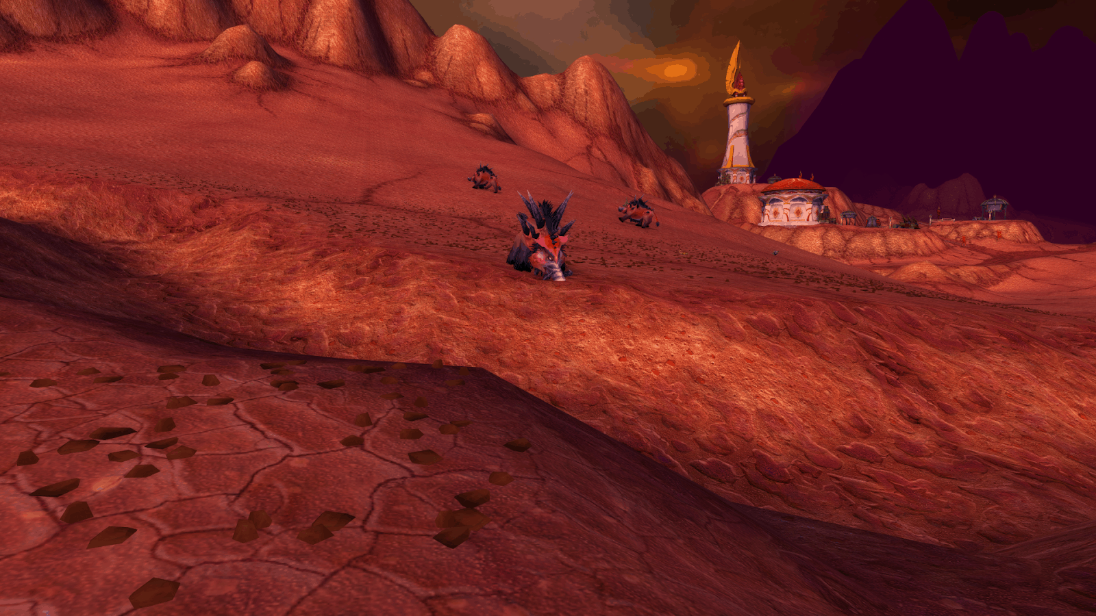 A trio of demonic red boars with sharp, blackened tusks and bone spikes bursting from their leathery flesh