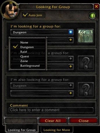 The old Looking For Group tool as it appeared in the original TBC expansion, showing the drop down menu to find groups for dungeons, raids, quests or by zone