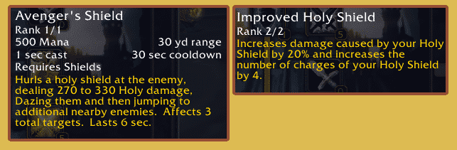The in-game descriptions for two new abilities; Avenger's Shield and Improved Holy Shield.