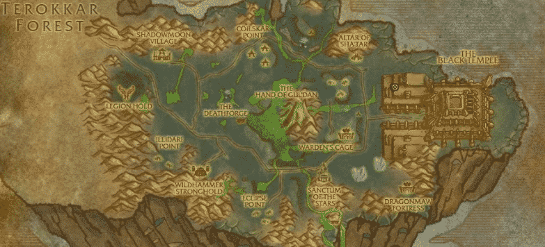 A map of the Outlands Zone showing the player token located in the Black Temple above Dragonmaw Fortress