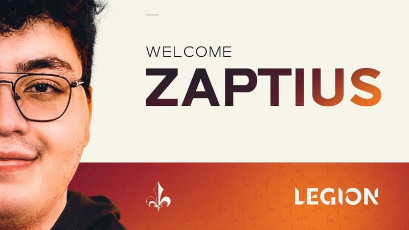A half face shot of Alex "Zaptius" Bonilla appears with the words "Welcome Zaptius" accompanied by the Paris Legion logos.