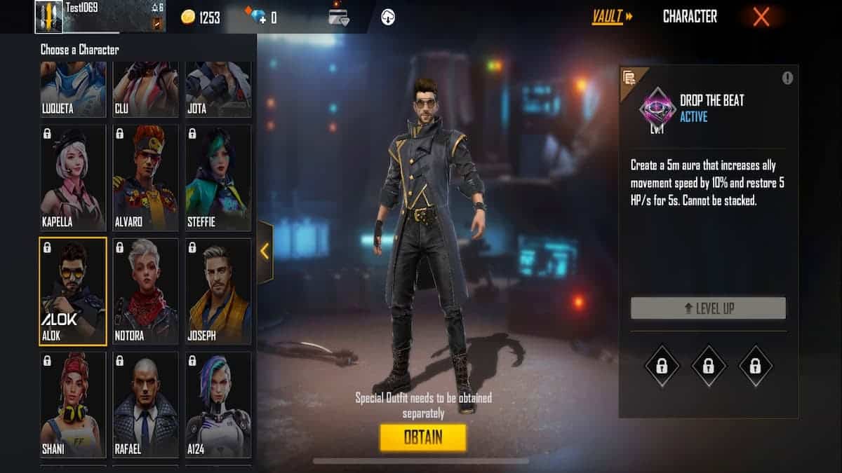 Alok from Garena Free Fire is shown in the in-game store with a list of other characters on one side and their ability description on the other.