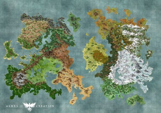 The Verra world map, with two major continents featured in the upcoming MMORPG Ashes of Creation.