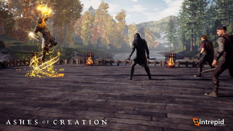 An in-game screenshot from Ashes of Creation showing a Cleric human surging with divine power, about to unleash it on three bandits in front of him.