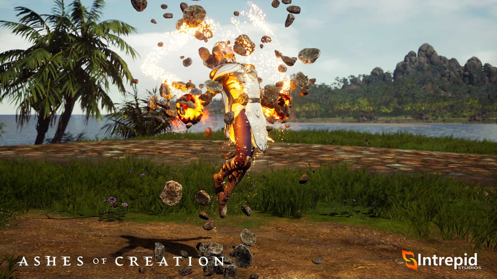An in-game screenshot from Ashes of Creation showing a mage elf character surging with fiery power with stone floating around him.