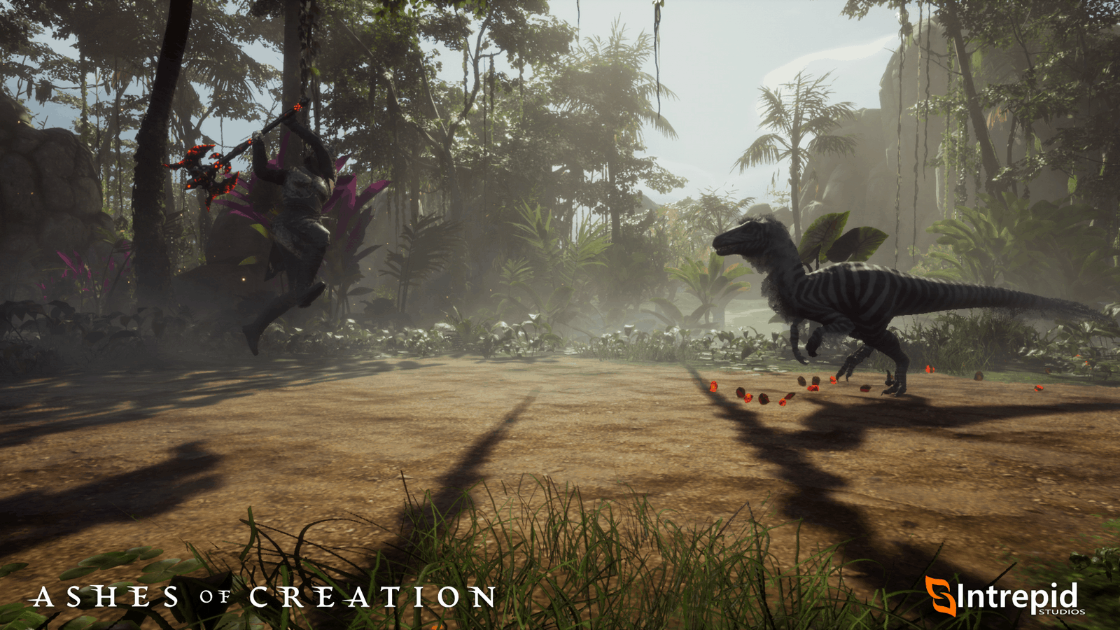 An in-game screenshot from Ashes of Creation showing a fantasy warrior leaping with a battleaxe towards a velociraptor in the jungle.
