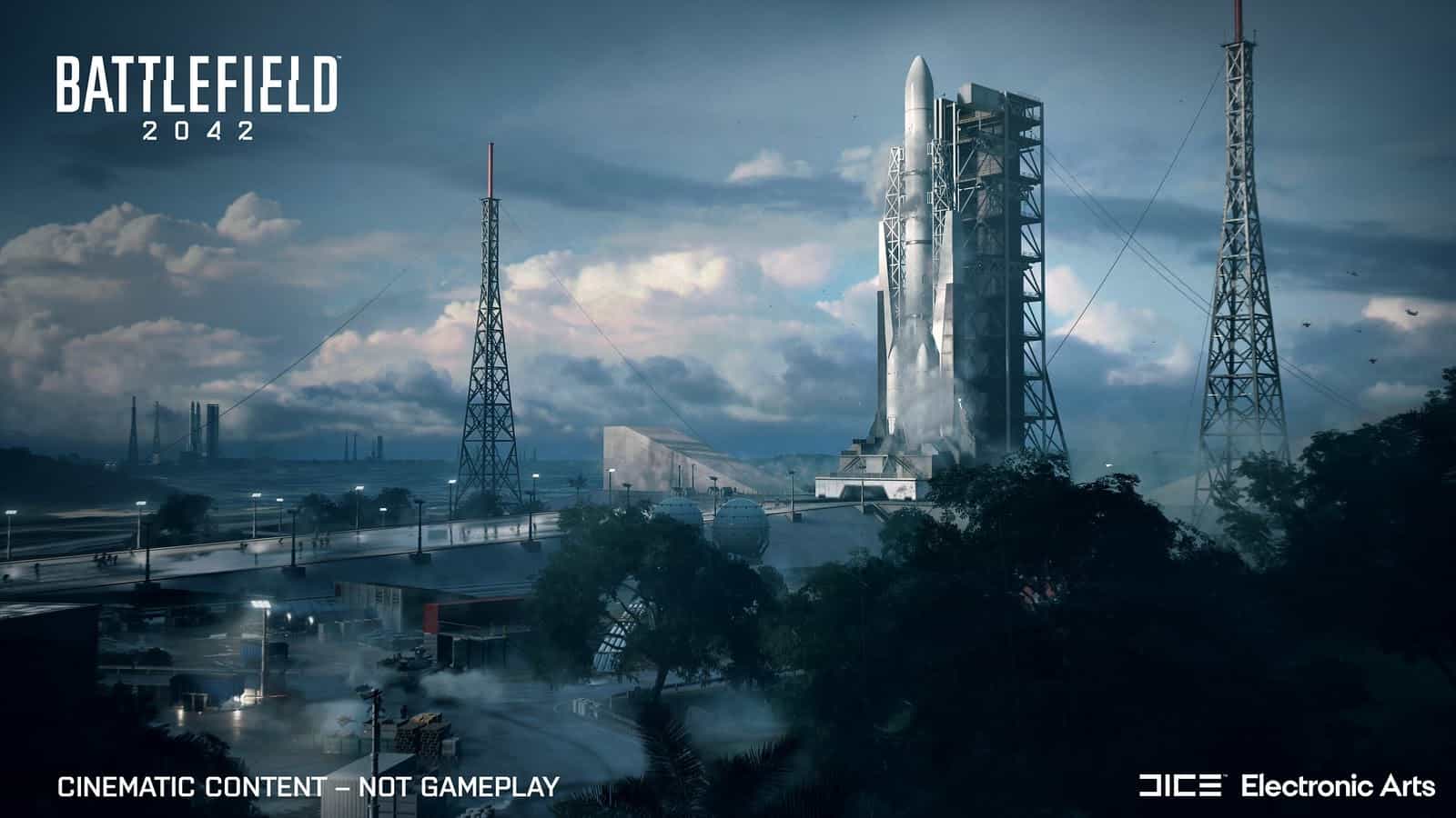 A shot of the Orbital map from Battlefield 2042, showing a large installation with a space rocket docked on a tower.