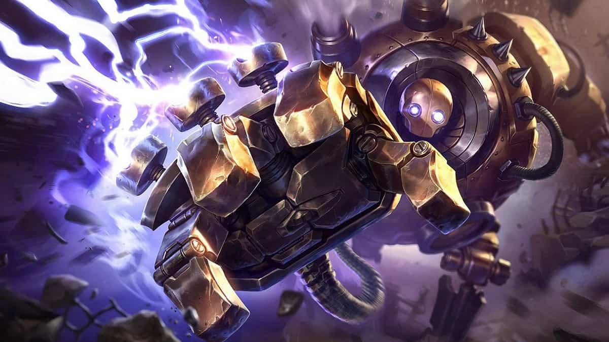 The splash art for LoL champion Blitzcrank, depicting the robotic behemoth propelling his electrically-charged fist forward.