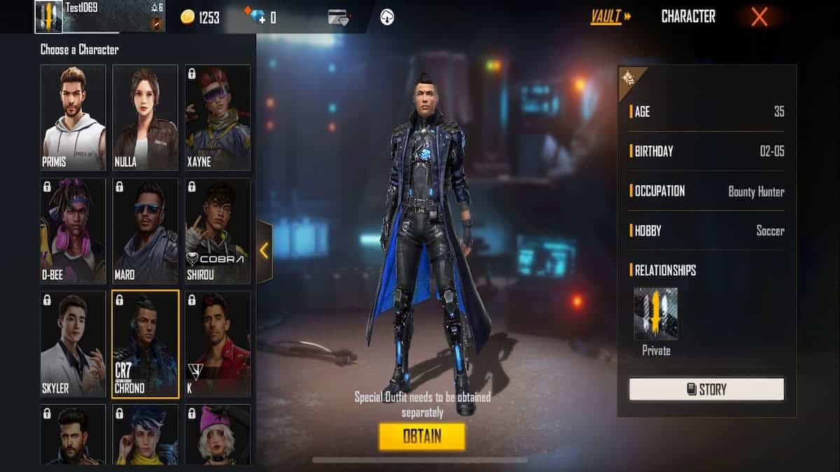 Chrono from Garena Free Fire is shown in the in-game store with a list of other characters on one side and stats about them on the other.