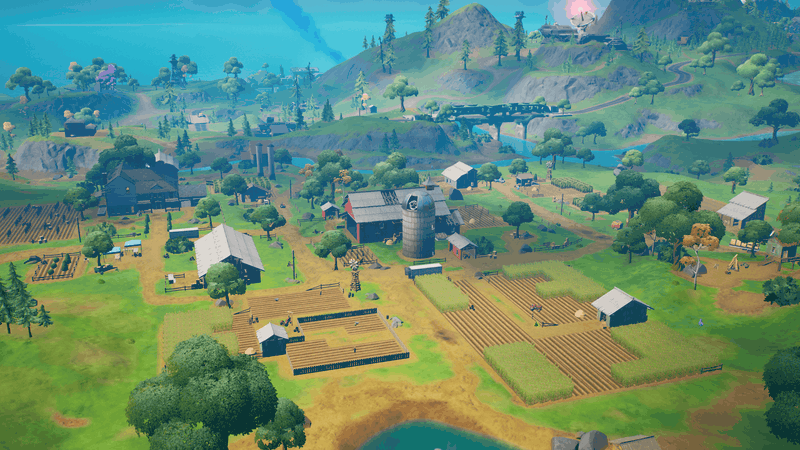 The Corny Complex location in Fortnite, a large farm situated in a mountain valley.