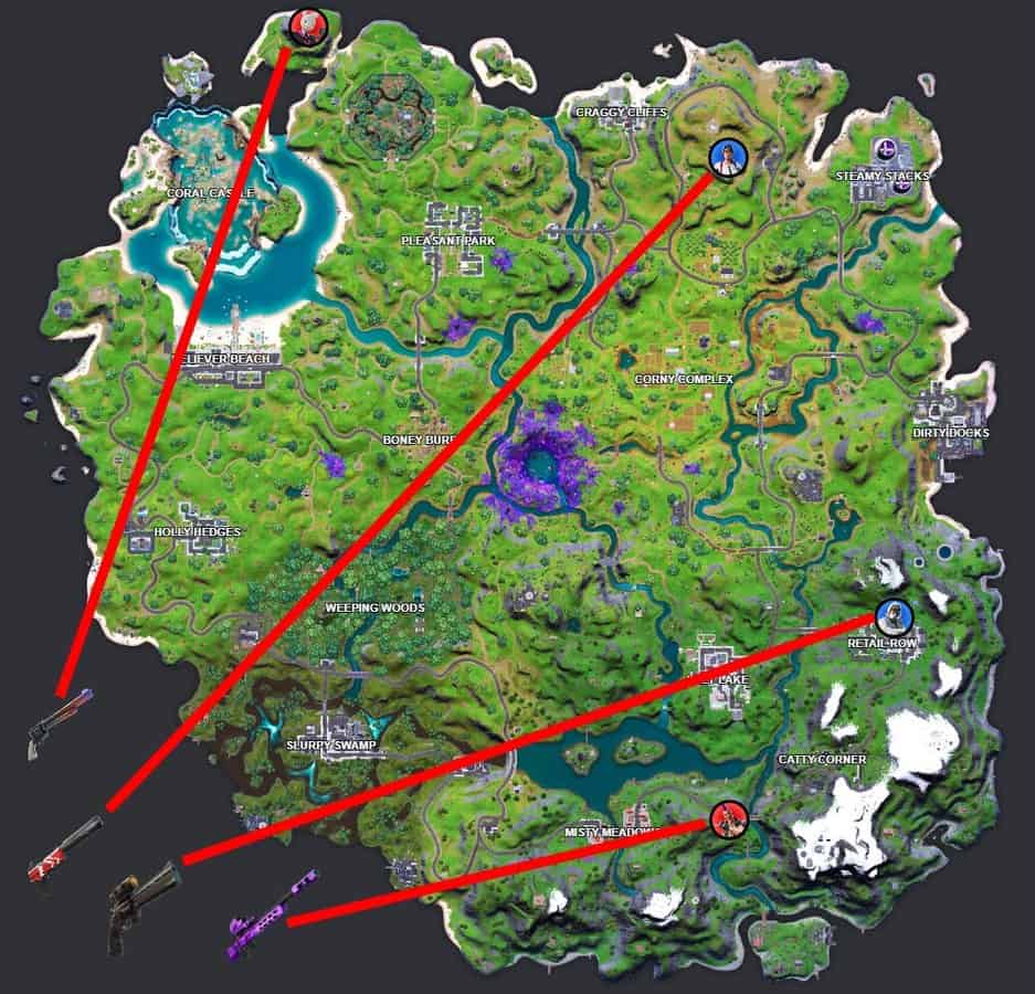 The Fortnite Chapter 2 Season 7 map highlighting the location of Exotic Weapon NPCs with red lines.