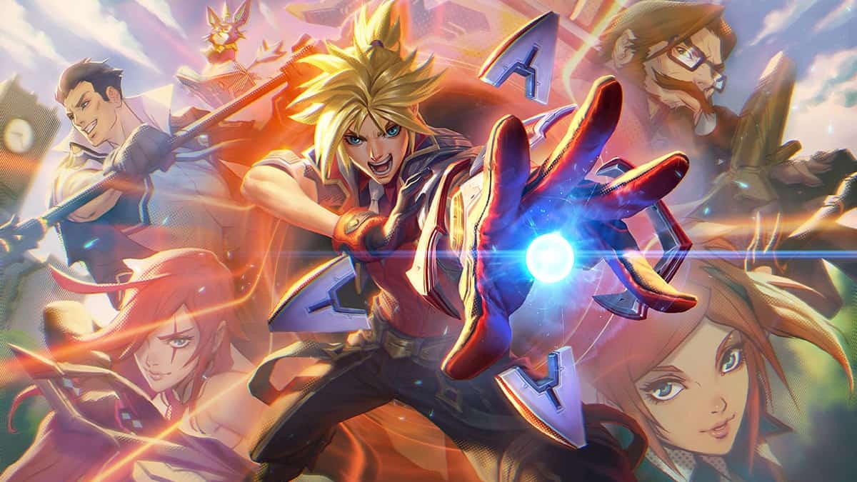 The Battle Academia Ezreal League of Legends splash art, showing Ezreal readying his gauntlet with the rest of the Battle Academia cast behind him.