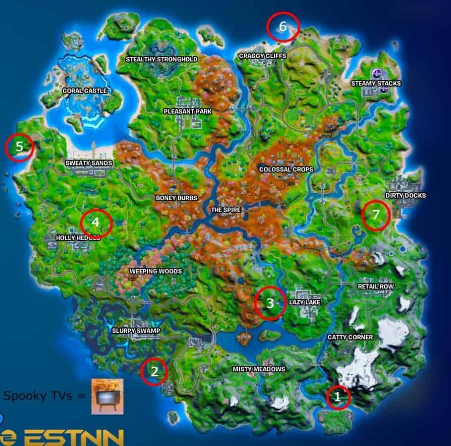 The Fortnite Chapter 2 Season 6 map showing red circles where Spooky TVs are.