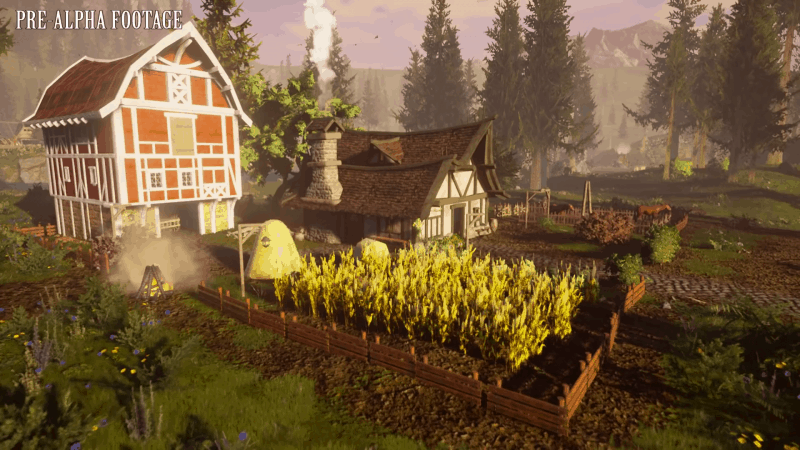 An in-game screenshot from Ashes of Creation showing a Freehold Farm plot with wheat growing in the front area.