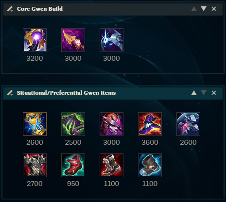 An in-client item build for LoL champion Gwen, with Core items in one box and situational items in another.