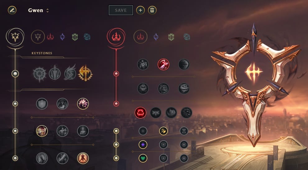 A rune page for League of Legends champion Gwen, showing the Conqueror keystone with the Precision primary tree and Domination secondary tree.