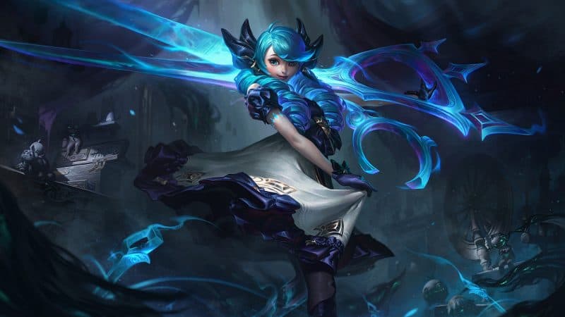 The splash art for League of Legends champion Gwen, holding a giant pair of ethereal blue scissors.