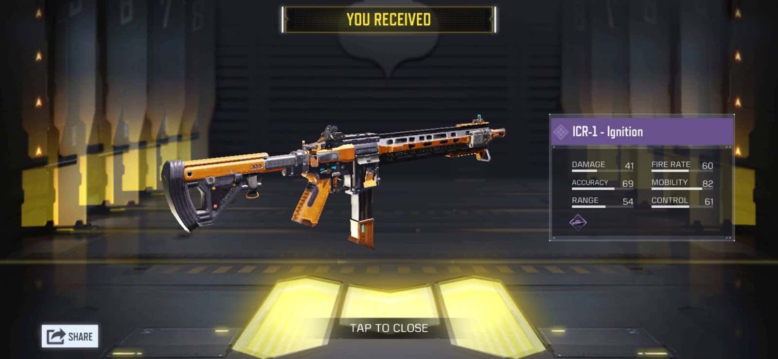 An ICR-1 Ignition Sekarang appears in Call of Duty Mobile with its stats to the side and the words "You Received" above.