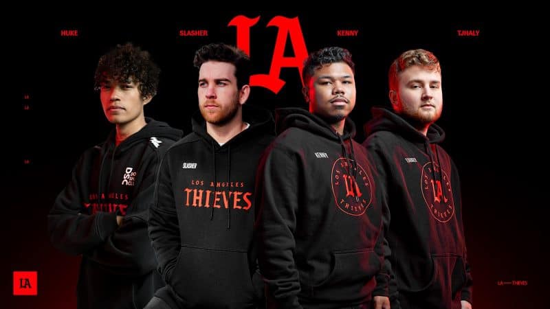 The LA Thieves Call of Duty roster of Huke, Slasher, Kenny and TJHaly stand together with team apparel on and an LA logo behind them.