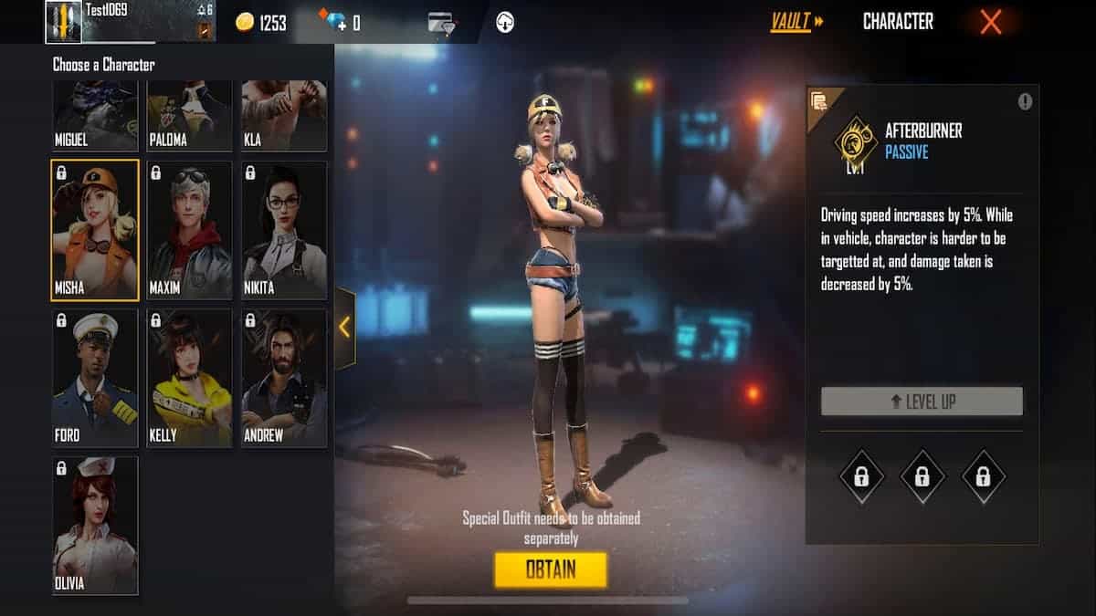 Misha from Garena Free Fire is shown in the in-game store with a list of other characters on one side and their ability description on the other.