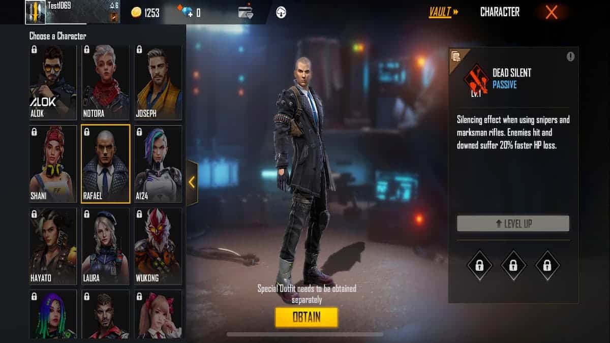 Rafale from Garena Free Fire is shown in the in-game store with a list of other characters on one side and their ability description on the other.