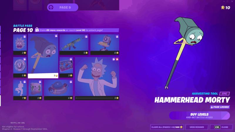 A screenshot of the Fortnite shop showing various Rick and Morty cosmetics with Hammerhead Morty selected.