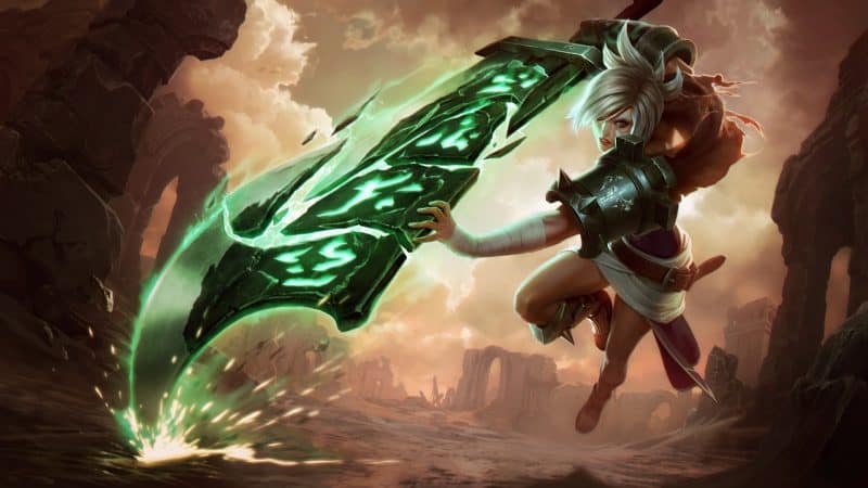 The splash art for League of Legends champion Rive, showing her jumping into battle with her massive green glowing sword.