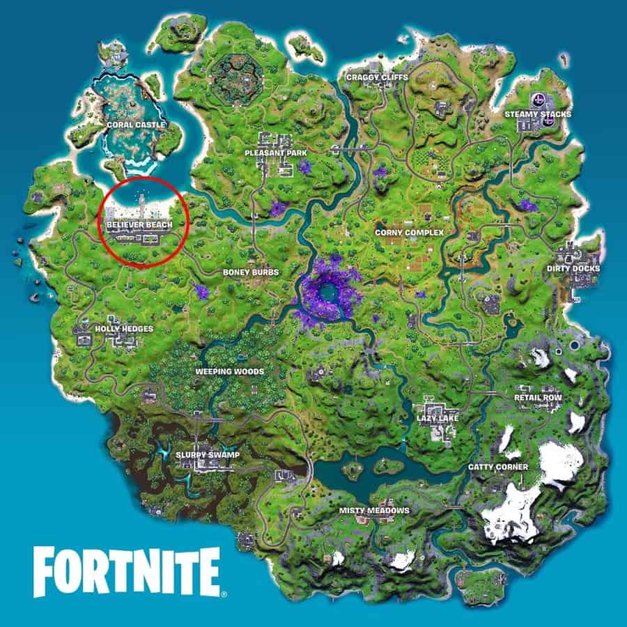 The Fortnite Chapter 2 Season 7 map with a circle around the POI Believer Beach.
