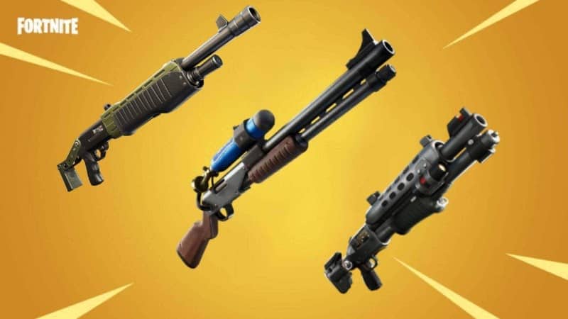 Three different shotguns from Fortnite appear on a yellow background with white action lines around them.